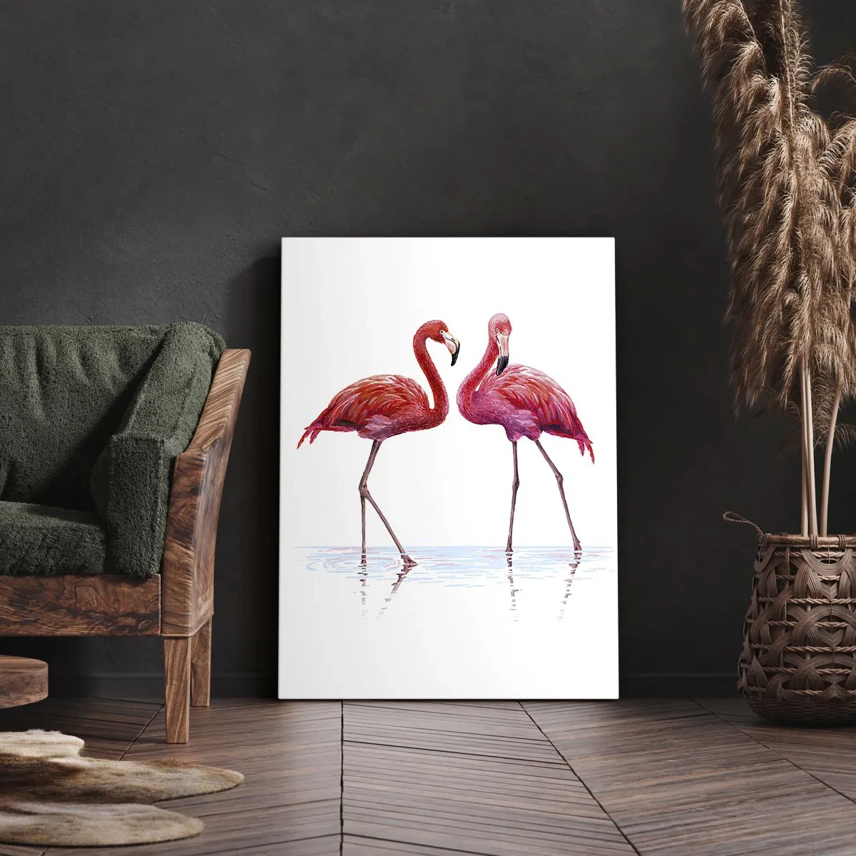 Impression sur toile - Image sur toile - Une paire de flamants roses dans l'eau sur un fond clair - 80x120cm - Rendez-vous rose - Décoration murale moderne pour le salon et la chambre ARTTOR