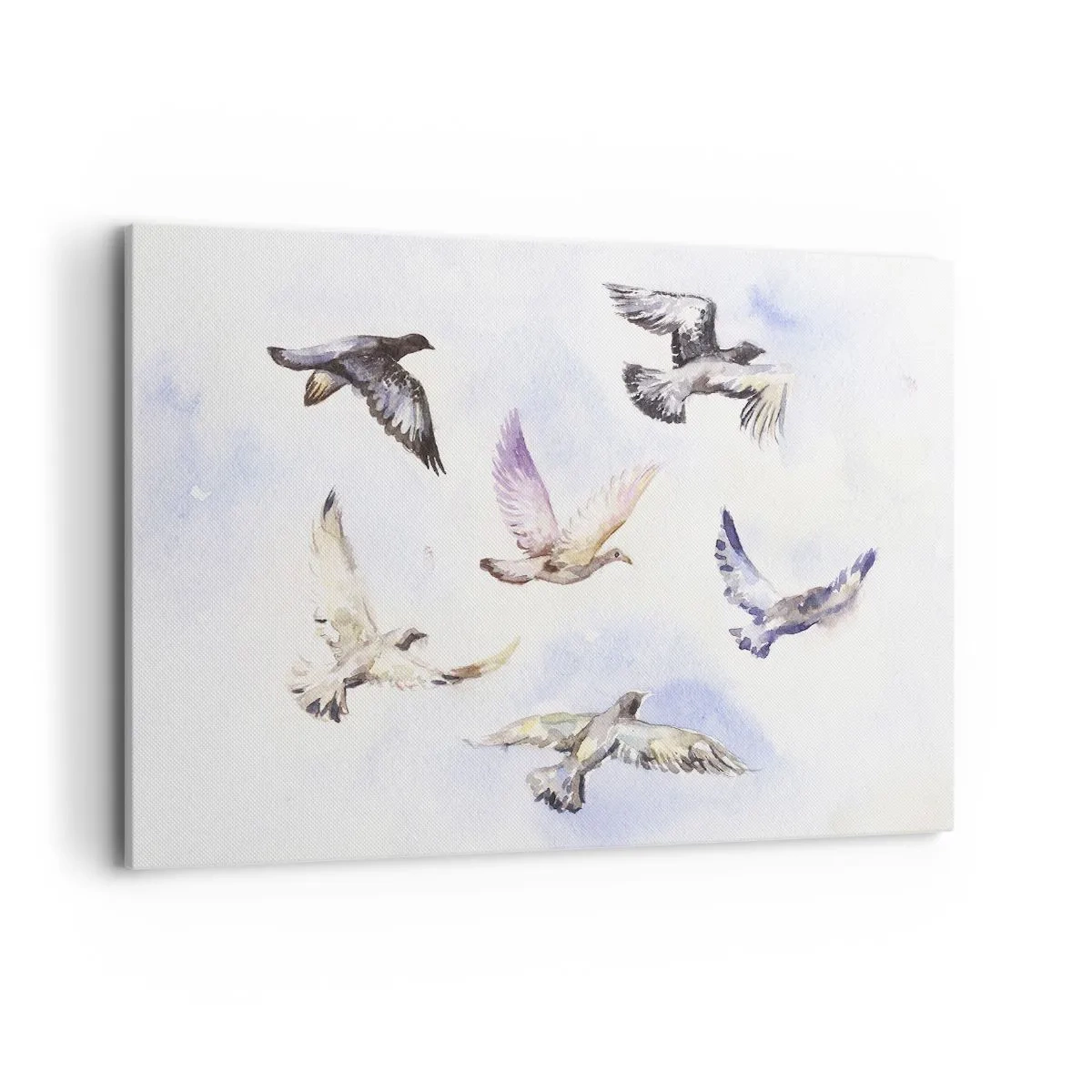 Impression sur toile - Image sur toile - Oiseaux à l'aquarelle en vol sur un ciel délicat - 120x80cm - Liberté en gris et bleu - Décoration murale moderne pour le salon et la chambre ARTTOR