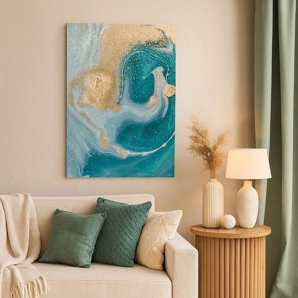 Impression sur toile - Image sur toile - Tourbillon abstrait dans les tons turquoise et or - 50x70cm - Tourbillon d'or et de turquoise - Décoration murale moderne pour le salon et la chambre ARTTOR