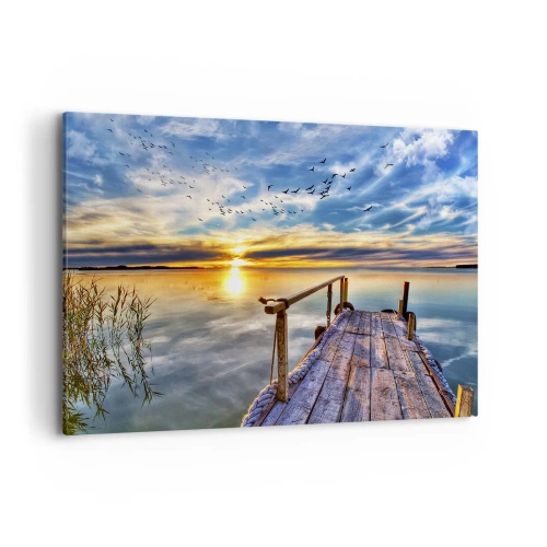 Impression sur toile - Image sur toile - Jetée en bois sur le lac au coucher du soleil - 120x80cm - Le vent se repose - Décoration murale moderne pour le salon et la chambre ARTTOR