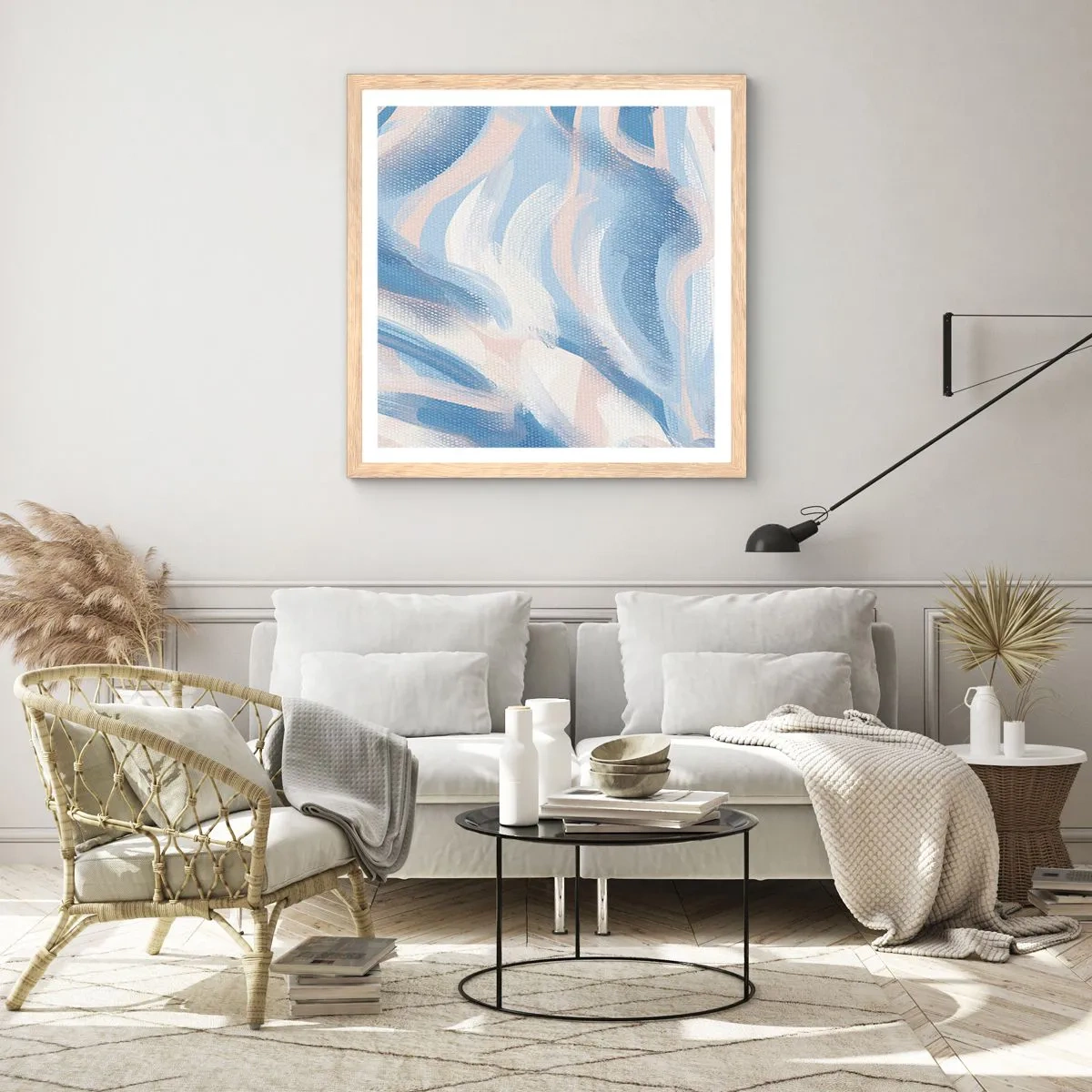 Affiche dans un chêne clair - Poster - Vagues bleues - 30x30 cm