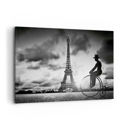 Impression sur toile - Image sur toile - Image en noir et blanc d'un vélo rétro avec la tour Eiffel en arrière-plan - 100x70cm - Nostalgie de la Belle Epoque - Décoration murale moderne pour le salon et la chambre ARTTOR