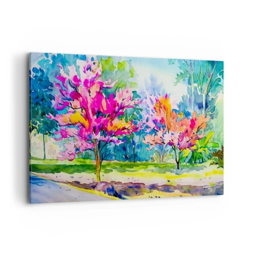 Impression sur toile - Image sur toile - Arbres colorés dans un parc dans un style aquarelle - 120x80cm - Jardin arc-en-ciel à la lumière du printemps - Décoration murale moderne pour le salon et la chambre ARTTOR