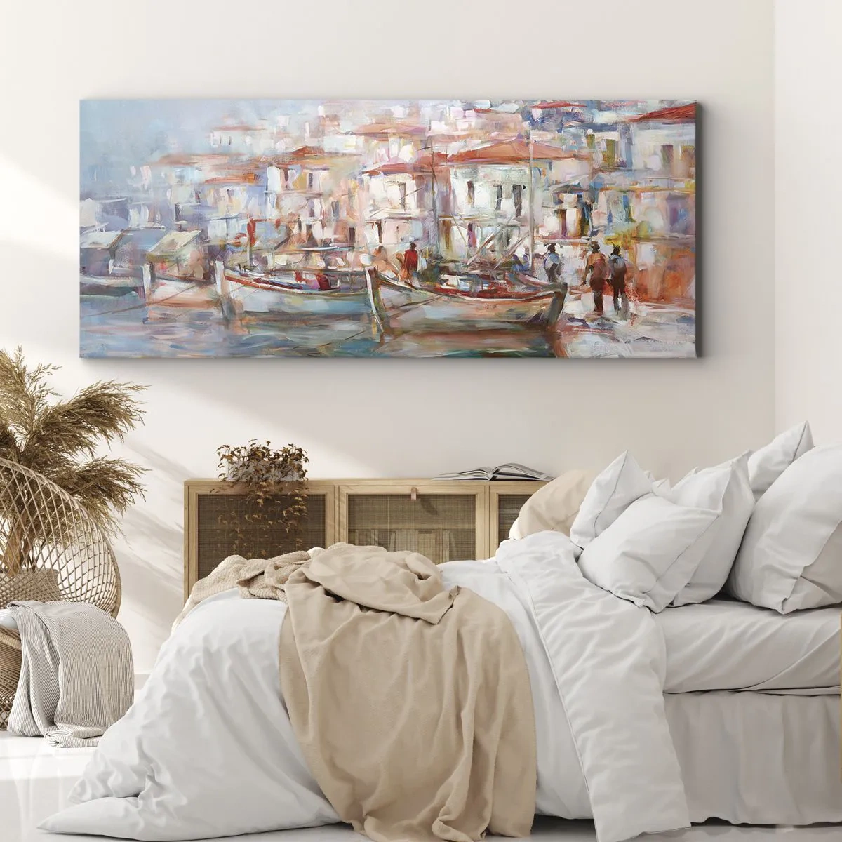 Impression sur toile - Image sur toile - Impression de port avec bateaux et bâtiments - 120x50cm - Vacances pastelles - Décoration murale moderne pour le salon et la chambre ARTTOR