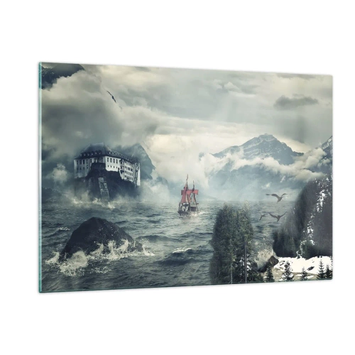 Impression sur verre - Image sur verre - Un navire sur une mer agitée avec un château en arrière-plan - 120x80cm - Dans l'eau magique - Décoration murale moderne pour le salon et la chambre ARTTOR