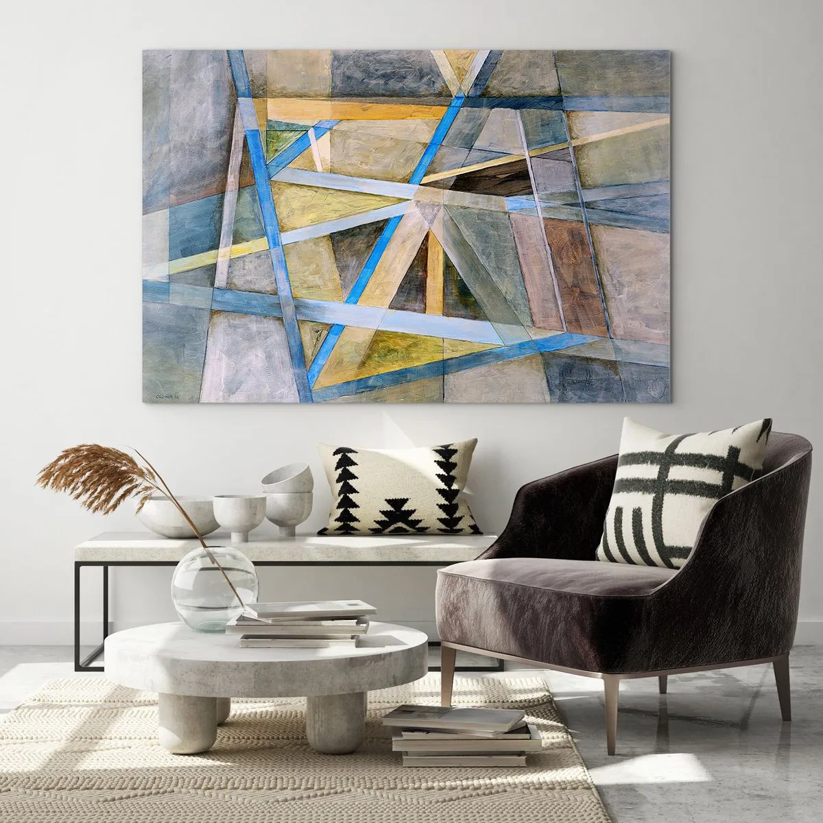 Impression sur verre - Image sur verre - Composition abstraite avec des formes géométriques - 70x50cm - Tout droit ou en diagonale ? - Décoration murale moderne pour le salon et la chambre ARTTOR