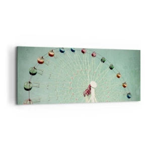 Impression sur toile - Image sur toile - Une grande roue colorée contre un ciel bleu dans un style rétro - 120x50cm - Nous vous invitons à vous amuser - Décoration murale moderne pour le salon et la chambre ARTTOR