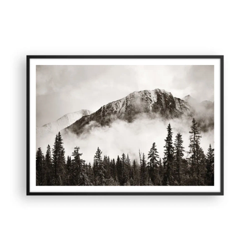 Affiche dans un cadre noir - Poster - Un sommet de montagne pittoresque entouré de brouillard et d'une forêt aux tons sépia - 100x70cm - Seigneur de granite - Décoration murale moderne pour le salon et la chambre ARTTOR