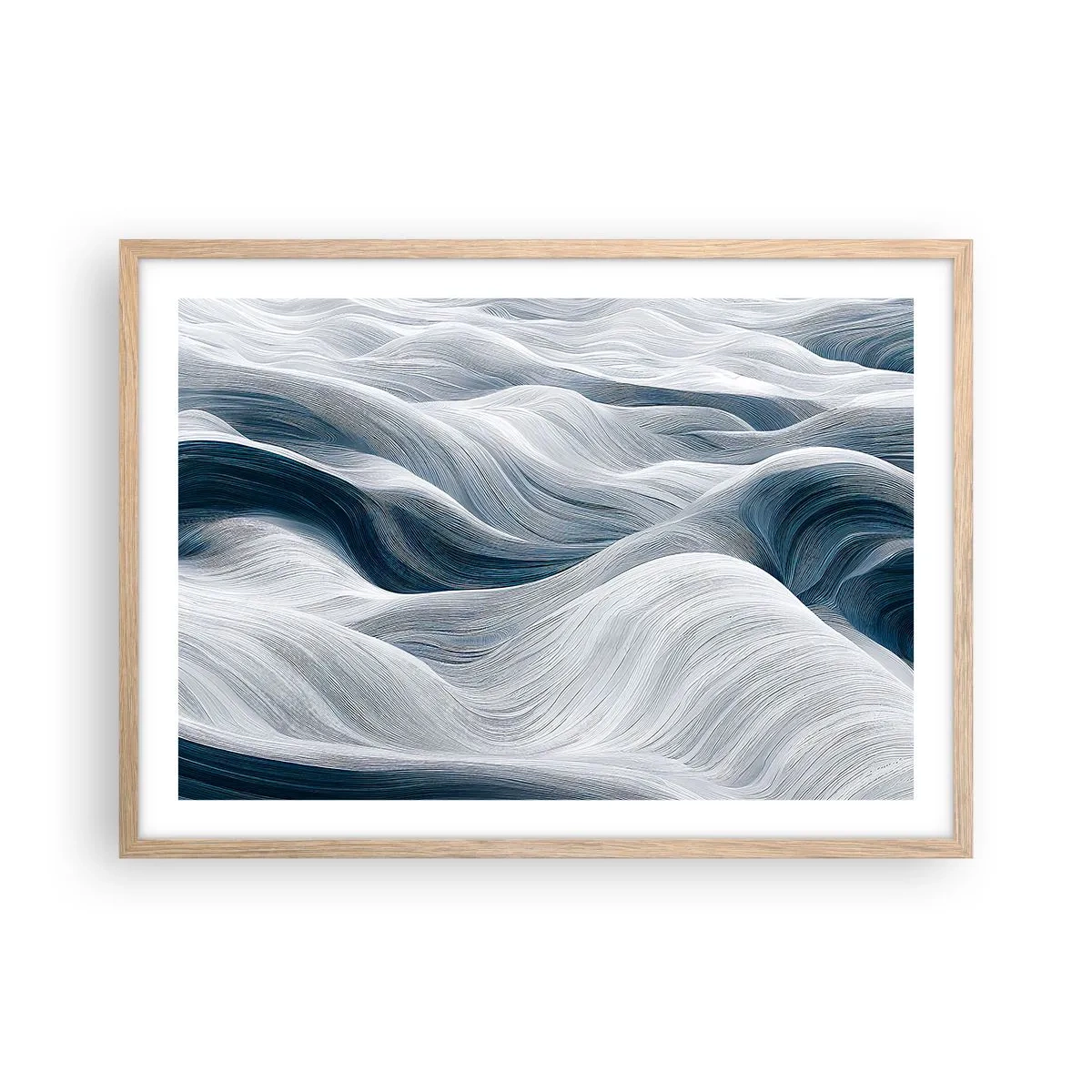 Affiche dans un chêne clair - Poster - Vagues blanches et bleues - 70x50 cm
