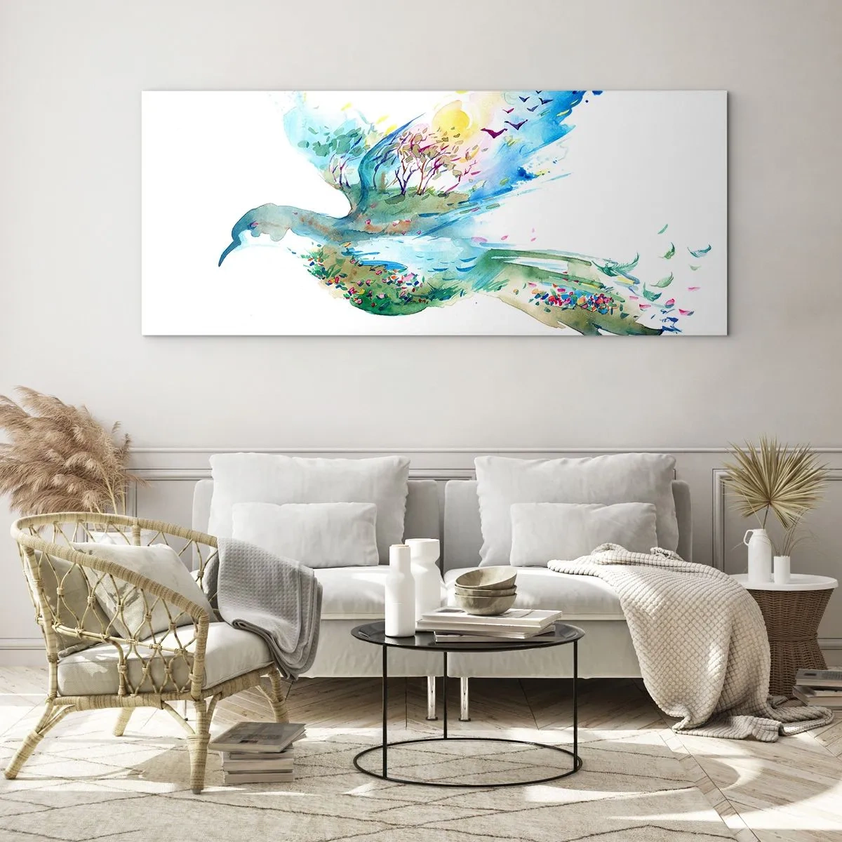 Impression sur verre - Image sur verre - Composition à l'aquarelle d'un oiseau avec des éléments de la nature - 160x50cm - Sur les ailes de la nature - Décoration murale moderne pour le salon et la chambre ARTTOR