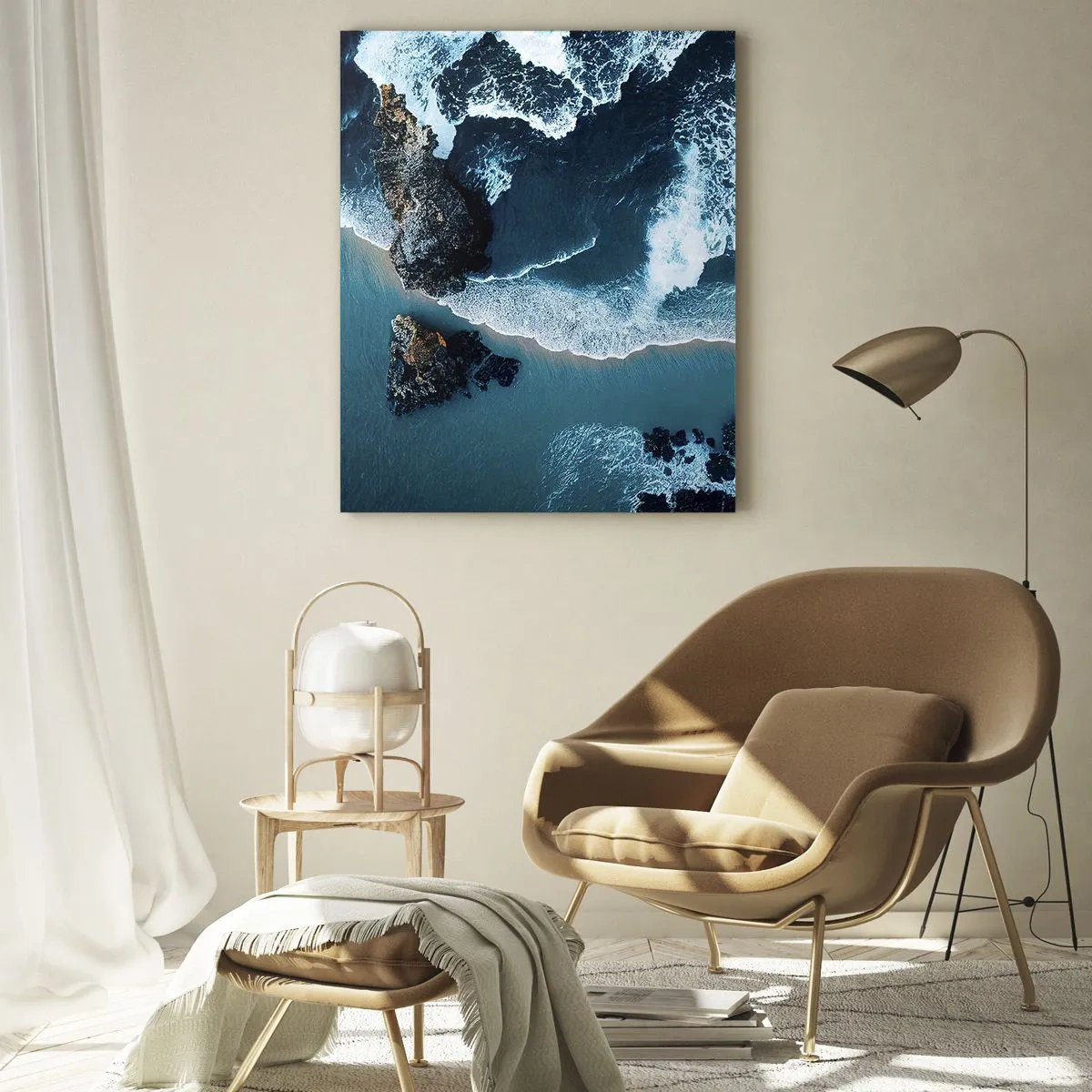 Impression sur verre - Image sur verre - Vue aérienne des vagues s'écrasant sur le rivage - 70x100cm - Enveloppé par les vagues - Décoration murale moderne pour le salon et la chambre ARTTOR