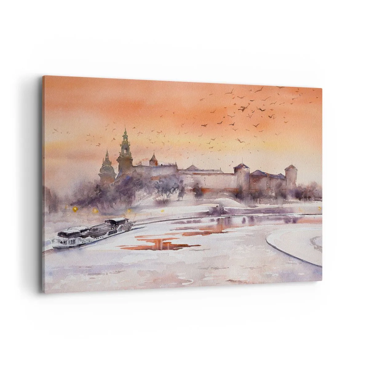 Impression sur toile - Image sur toile - Coucher de soleil sur le château dans un paysage hivernal - 100x70cm - Coucher de soleil royal - Décoration murale moderne pour le salon et la chambre ARTTOR