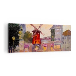 Impression sur toile - Image sur toile - Le moulin à vent rouge du Moulin Rouge entouré par le paysage urbain - 120x50cm - Icones parisiennes – le Moulin rouge - Décoration murale moderne pour le salon et la chambre ARTTOR