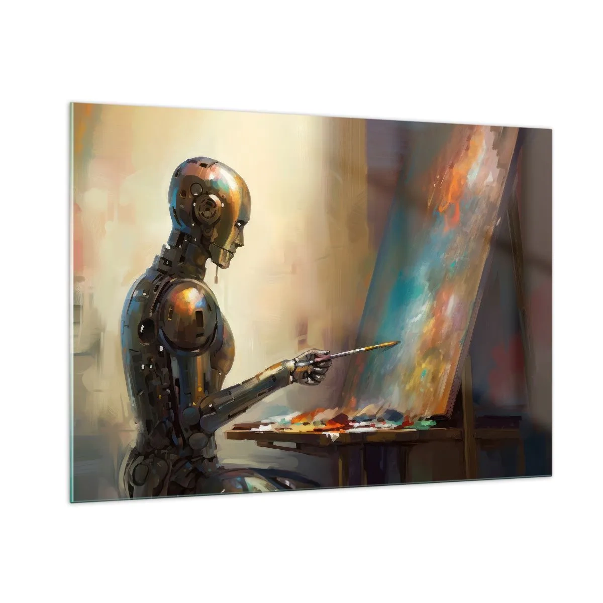 Impression sur verre - Image sur verre - Un robot peignant un tableau sur un chevalet - 100x70cm - L'art du futur - Décoration murale moderne pour le salon et la chambre ARTTOR