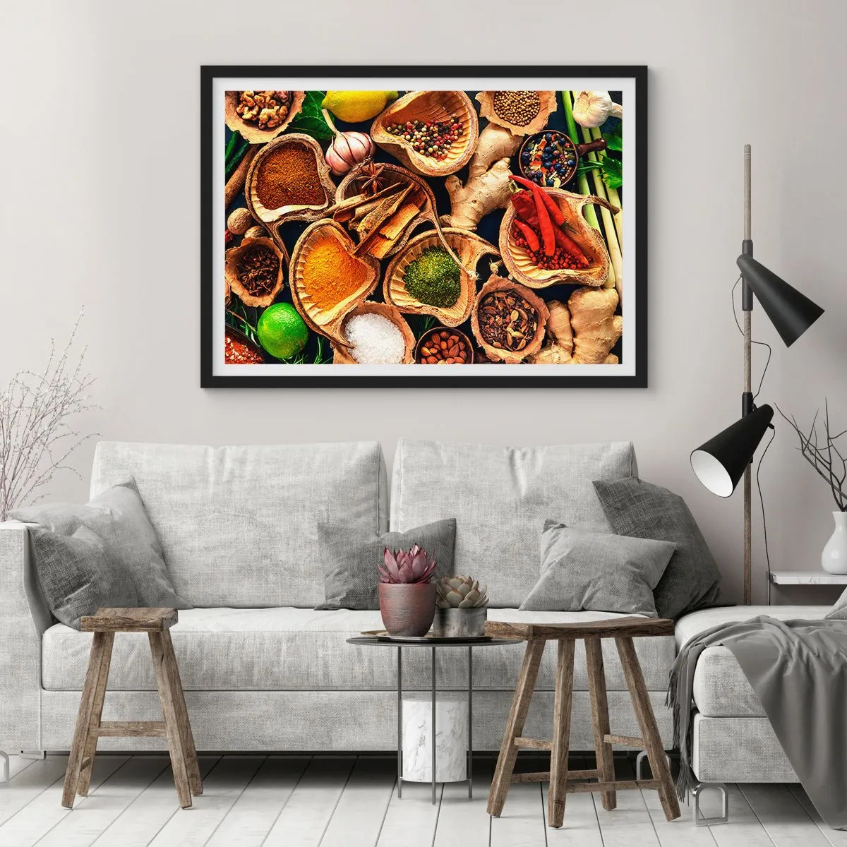 Affiche dans un cadre noir - Poster - Bols d'épices de différentes couleurs - 100x70cm - Prends ce que tu veux - Décoration murale moderne pour le salon et la chambre ARTTOR