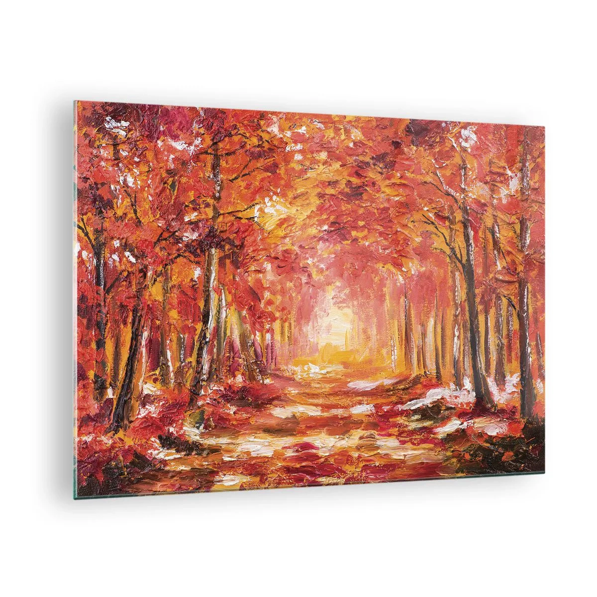 Impression sur verre - Image sur verre - Paysage d'automne avec des arbres aux couleurs chaudes - 70x50cm - Forêt de cuivre - Décoration murale moderne pour le salon et la chambre ARTTOR
