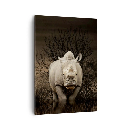 Impression sur toile - Image sur toile - Rhinocéros parmi les arbres au coucher du soleil, nature sauvage. - 50x70cm - Blanc contre nature - Décoration murale moderne pour le salon et la chambre ARTTOR