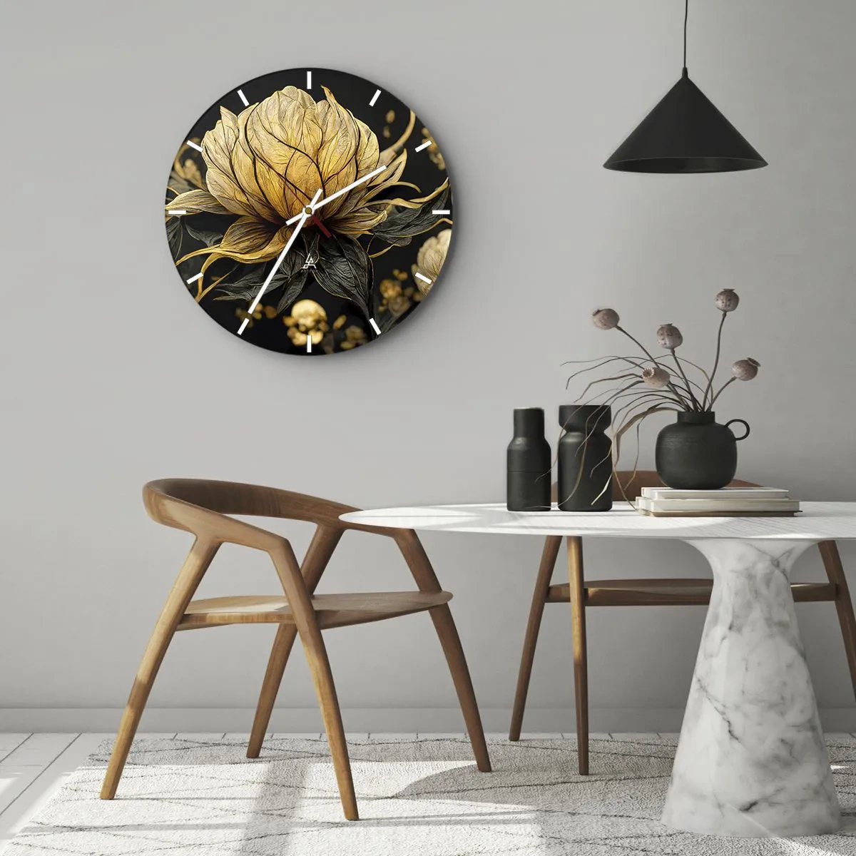 Horloge murale - Pendule murale - Fleur dorée et noire sur fond sombre - 30x30cm - Fragilité subtile - Décoration murale moderne pour le salon, la cuisine et la chambre ARTTOR