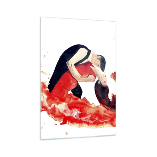 Impression sur verre - Image sur verre - Une aquarelle dynamique d'un couple dansant aux couleurs rouges. - 70x100cm - Tango - une vague sensuelle - Décoration murale moderne pour le salon et la chambre ARTTOR