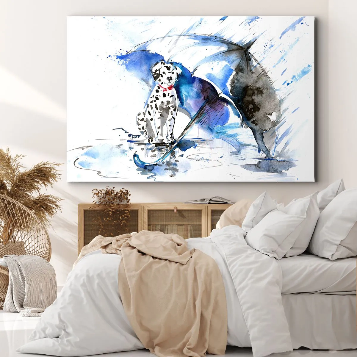 Impression sur toile - Image sur toile - Aquarelle représentant un chien dalmatien avec un parapluie en arrière-plan - 120x80cm - C'est à ça que sert un ami - Décoration murale moderne pour le salon et la chambre ARTTOR