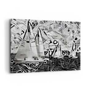 Impression sur toile - Image sur toile - Voiliers abstraits dans une composition monochrome - 120x80cm - Entre les vagues - Décoration murale moderne pour le salon et la chambre ARTTOR