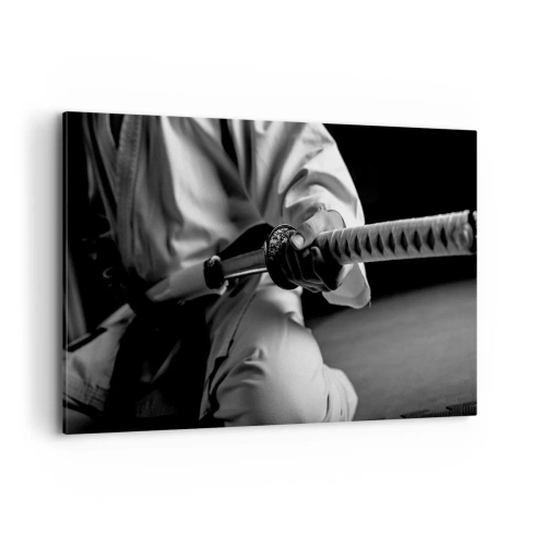 Impression sur toile - Image sur toile - Un samouraï en kimono tenant un katana en noir et blanc. - 120x80cm - Âme de guerrier - Décoration murale moderne pour le salon et la chambre ARTTOR