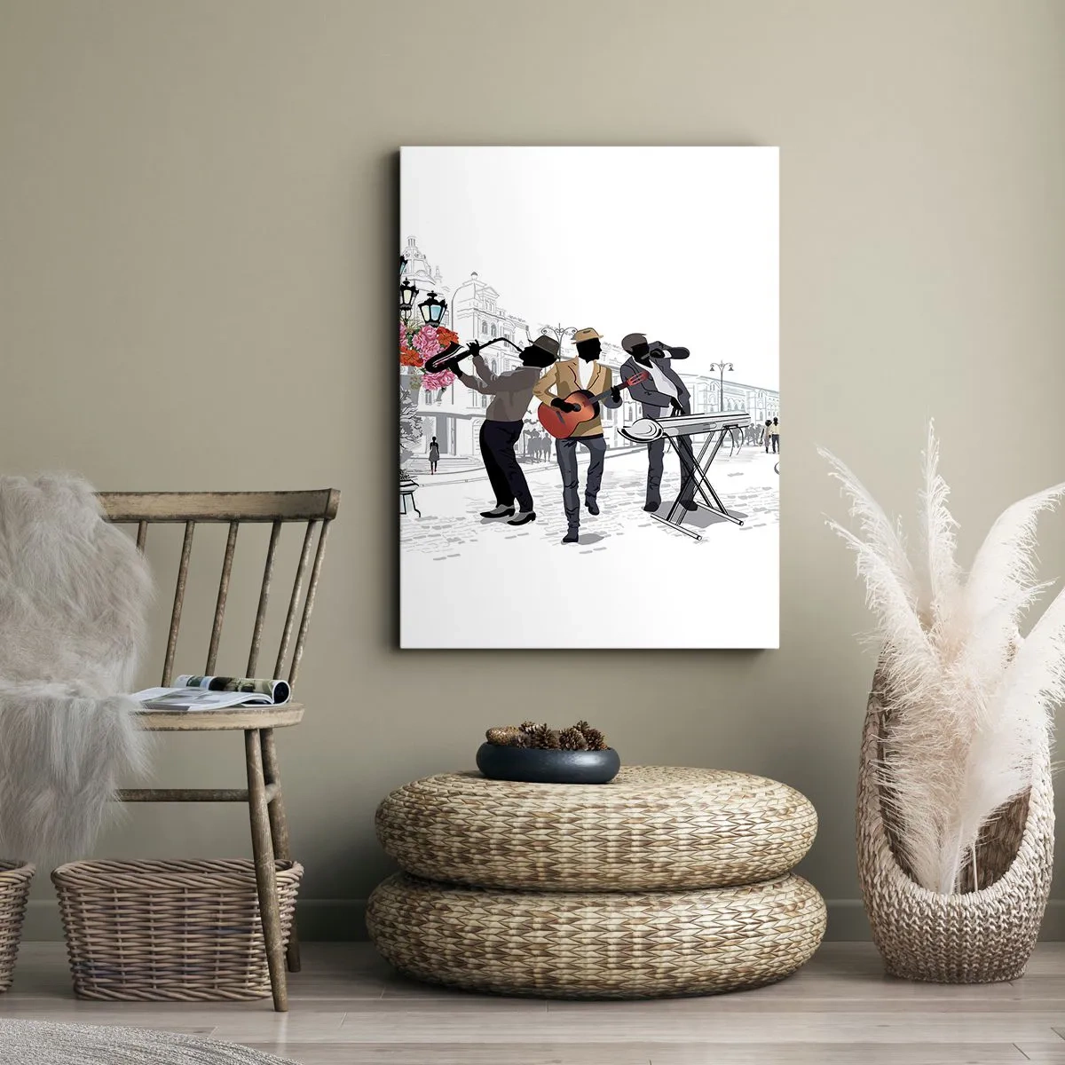 Impression sur toile - Image sur toile - Des musiciens de rue jouent dans un paysage urbain - 50x70cm - Musique de rue - Décoration murale moderne pour le salon et la chambre ARTTOR