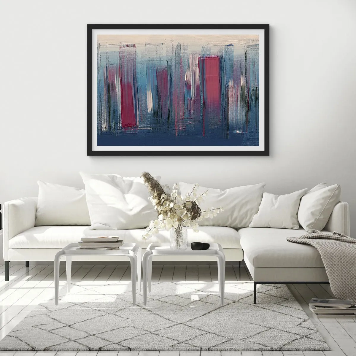 Affiche dans un cadre noir - Poster - Formes verticales abstraites dans des tons de bleu et de rouge - 70x50cm - Composition verticale en bleu et rouge - Décoration murale moderne pour le salon et la chambre ARTTOR
