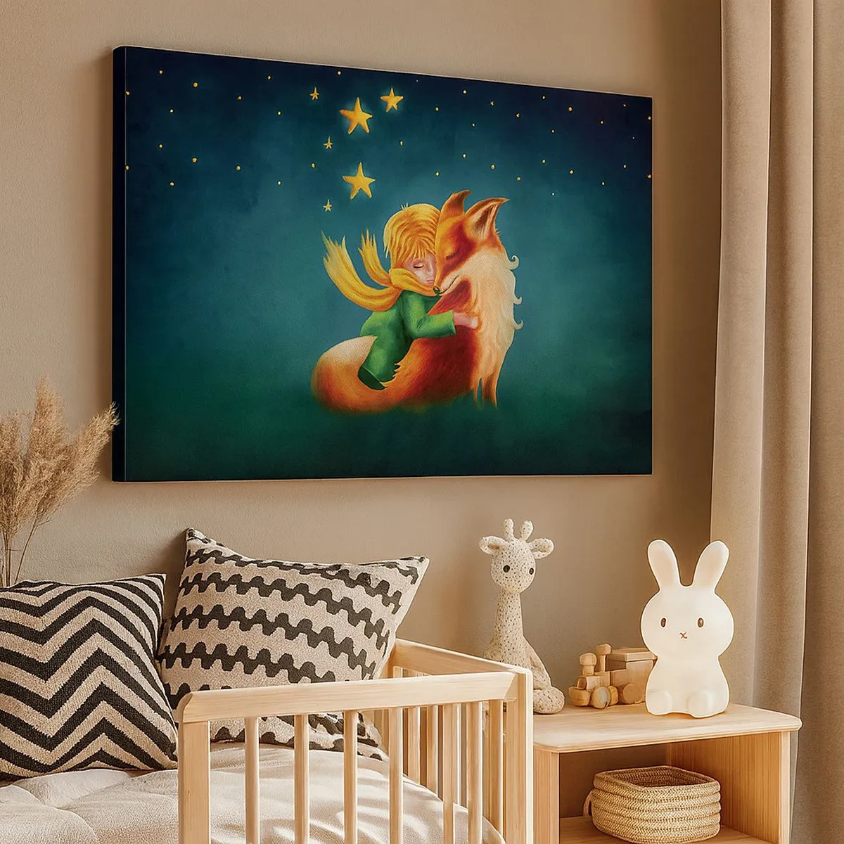Impression sur toile - Image sur toile - Un garçon avec un renard dans un décor magique avec des étoiles - 70x50cm - Petit Prince - Décoration murale moderne pour le salon et la chambre ARTTOR