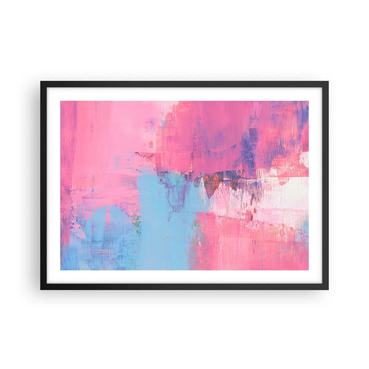Affiche dans un cadre noir - Poster - Composition abstraite en rose et bleu - 70x50cm - Du rose, du bleu et une pincée de lumière - Décoration murale moderne pour le salon et la chambre ARTTOR