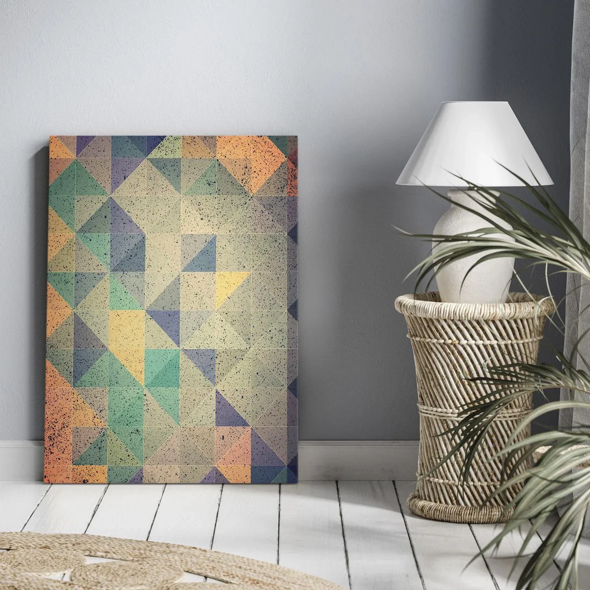 Impression sur toile - Image sur toile - Une composition colorée de triangles géométriques dans des tons pastel. - 80x120cm - République des triangles - Décoration murale moderne pour le salon et la chambre ARTTOR
