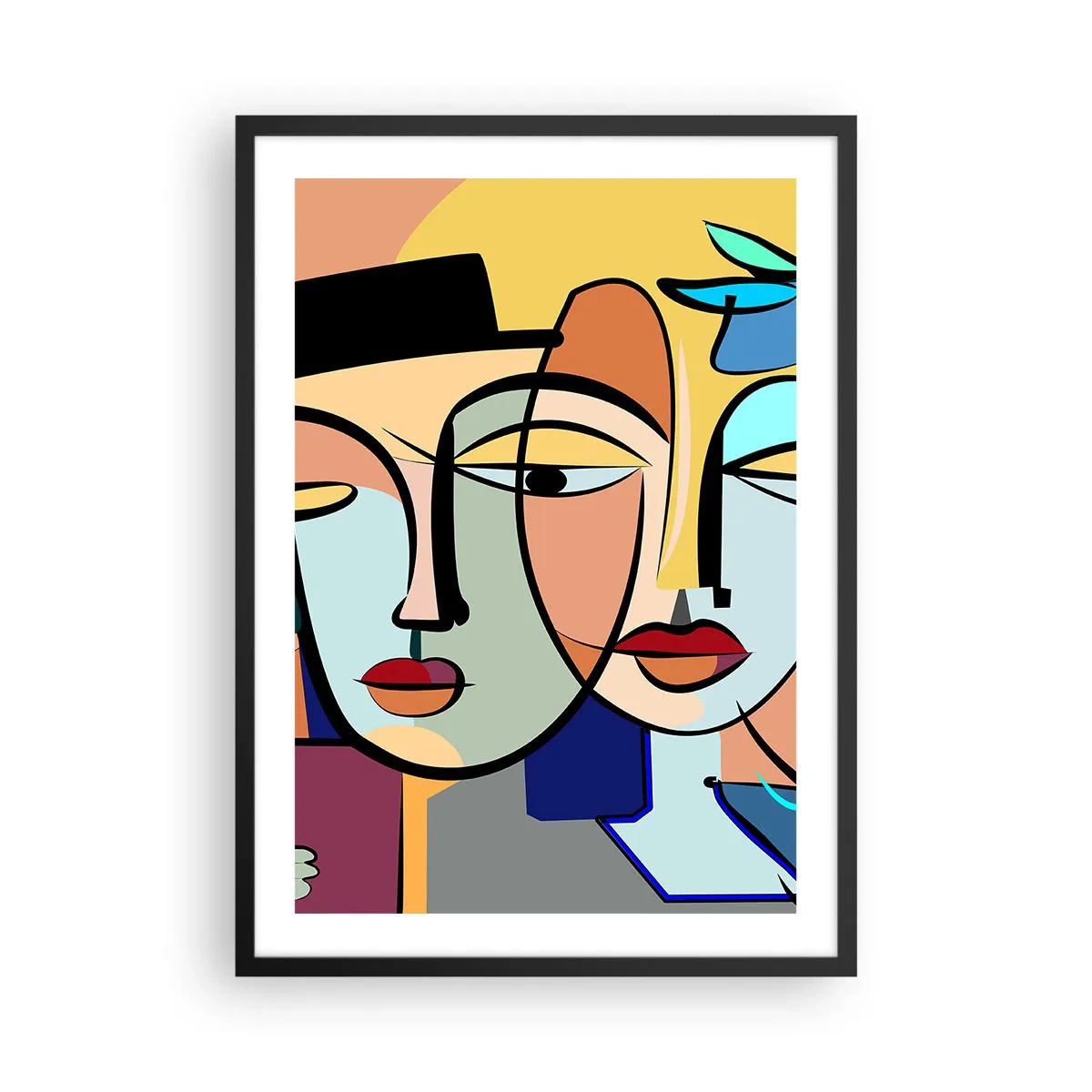 Affiche dans un cadre noir - Poster - Composition abstraite colorée de visages dans un style cubiste - 50x70cm - Le Rendez-vous de Picasso - Décoration murale moderne pour le salon et la chambre ARTTOR