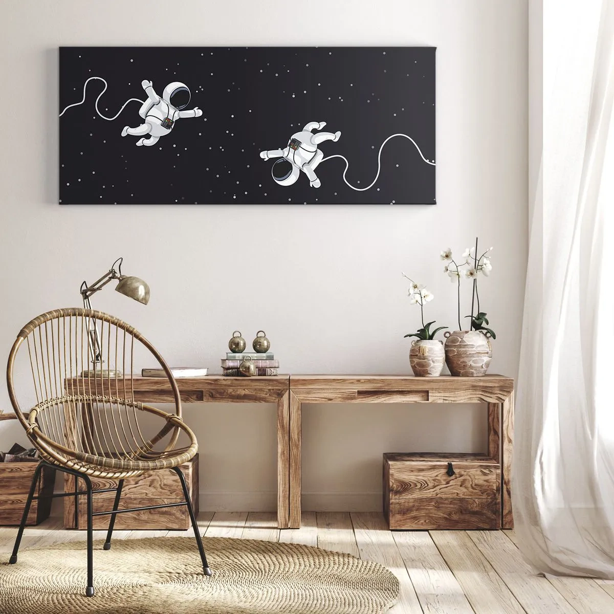 Impression sur toile - Image sur toile - Des astronautes flottant dans l'espace sur fond d'étoiles - 160x50cm - Sortie cosmique - Décoration murale moderne pour le salon et la chambre ARTTOR