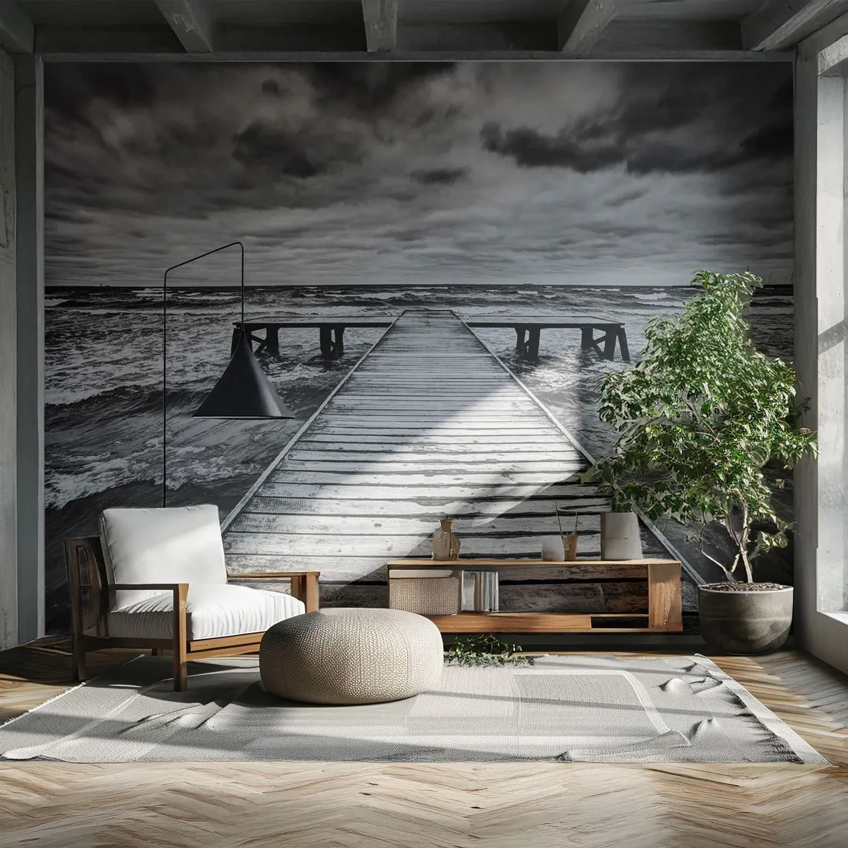 Papier Peint Photo Premium Sand - Jetée en bois en noir et blanc - 100x70cm - J'attends que le vent, ça le chassera... - Décoration murale moderne pour le salon et la chambre ARTTOR