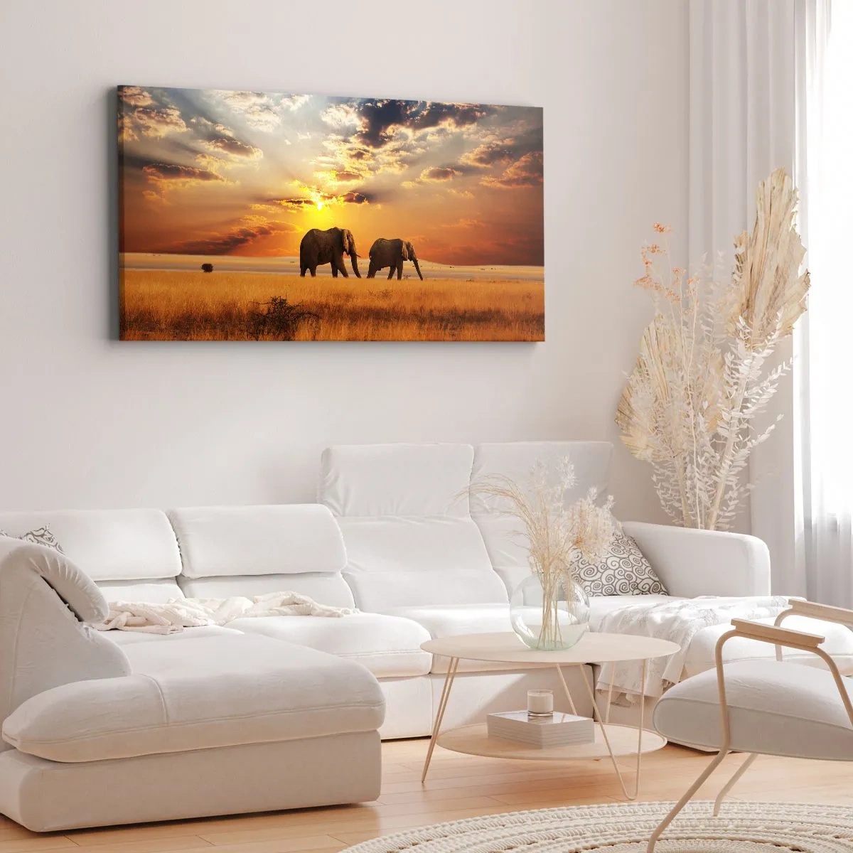 Impression sur toile - Image sur toile - Éléphants dans la savane au coucher du soleil - 160x50cm - Déambulation familliale - Décoration murale moderne pour le salon et la chambre ARTTOR