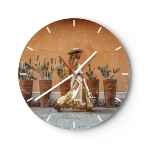 Horloge murale - Pendule murale - Femme hippie stylisée sur fond de pots de cactus - 30x30cm - Style hippie - Décoration murale moderne pour le salon, la cuisine et la chambre ARTTOR
