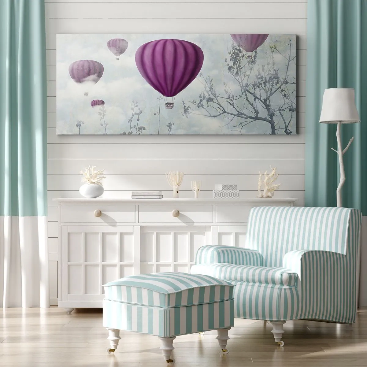 Impression sur toile - Image sur toile - Des ballons violets flottant au-dessus des arbres dans les nuages - 160x50cm - Comme des navires dans le ciel - Décoration murale moderne pour le salon et la chambre ARTTOR
