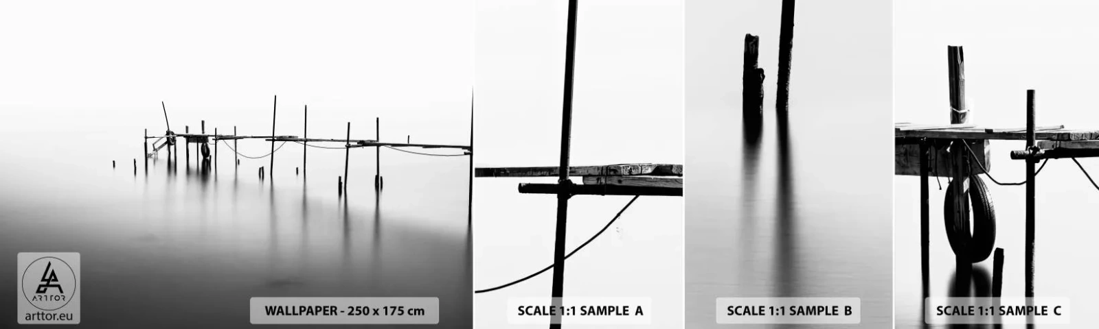 Échantillon De Papier Peint Standard Eco - Et s'il n'y avait pas de monde ? - Paysage, Pont de bois, Noir et blanc - 100x30 cm