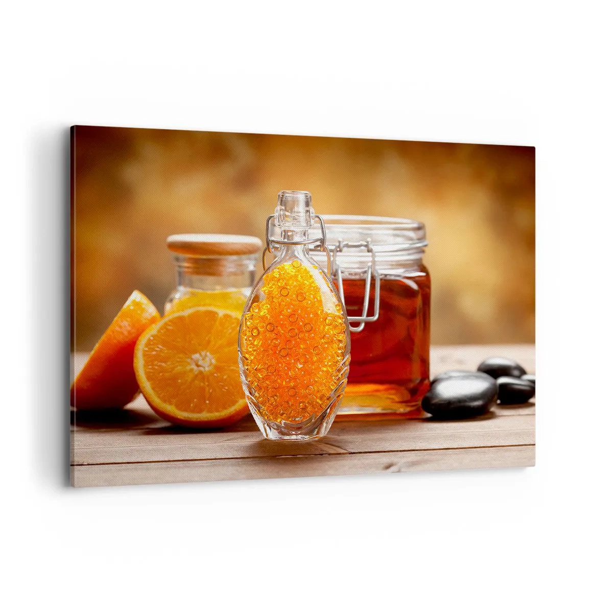 Impression sur toile - Image sur toile - Une bouteille de liquide ambré et des oranges fraîches - 100x70cm - Saveurs et arômes ensoleillés - Décoration murale moderne pour le salon et la chambre ARTTOR