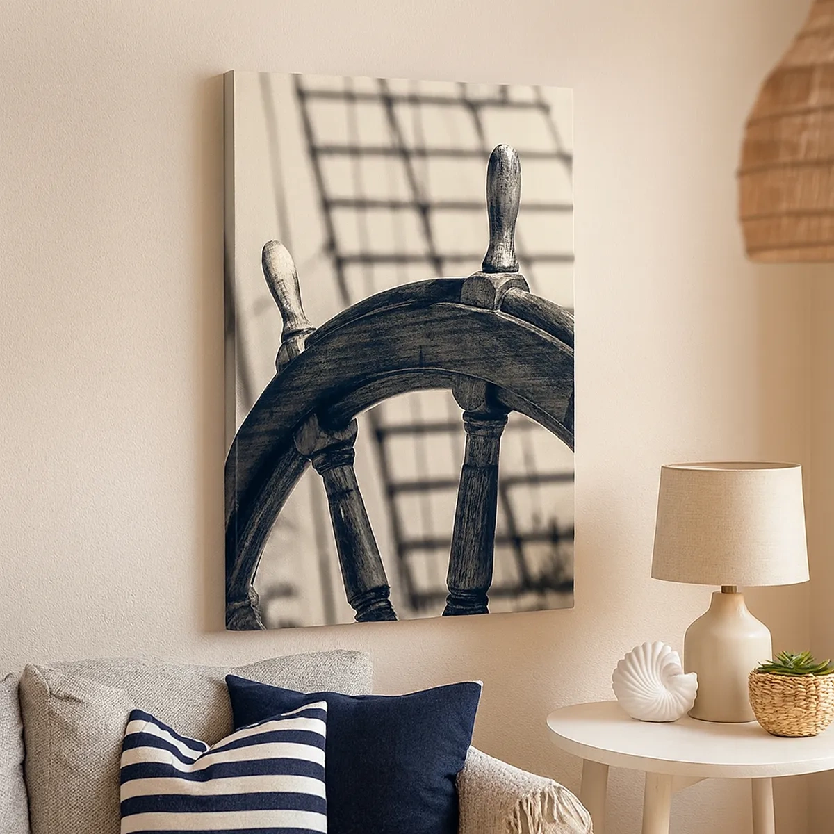 Impression sur toile - Image sur toile - Un gouvernail de style rétro avec un navire en arrière-plan - 50x70cm - Histoires de mer - Décoration murale moderne pour le salon et la chambre ARTTOR