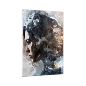 Impression sur verre - Image sur verre - Portrait d'une femme combinant son visage avec un paysage urbain en arrière-plan - 70x100cm - L'histoire d'une fille avec une ville en arrière-plan - Décoration murale moderne pour le salon et la chambre ARTTOR