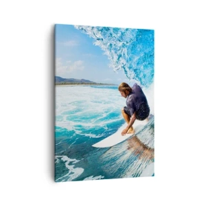 Impression sur toile - Image sur toile - Un surfeur dans une pose dynamique sur une vague dans une eau turquoise. - 50x70cm - Danse avec les vagues - Décoration murale moderne pour le salon et la chambre ARTTOR
