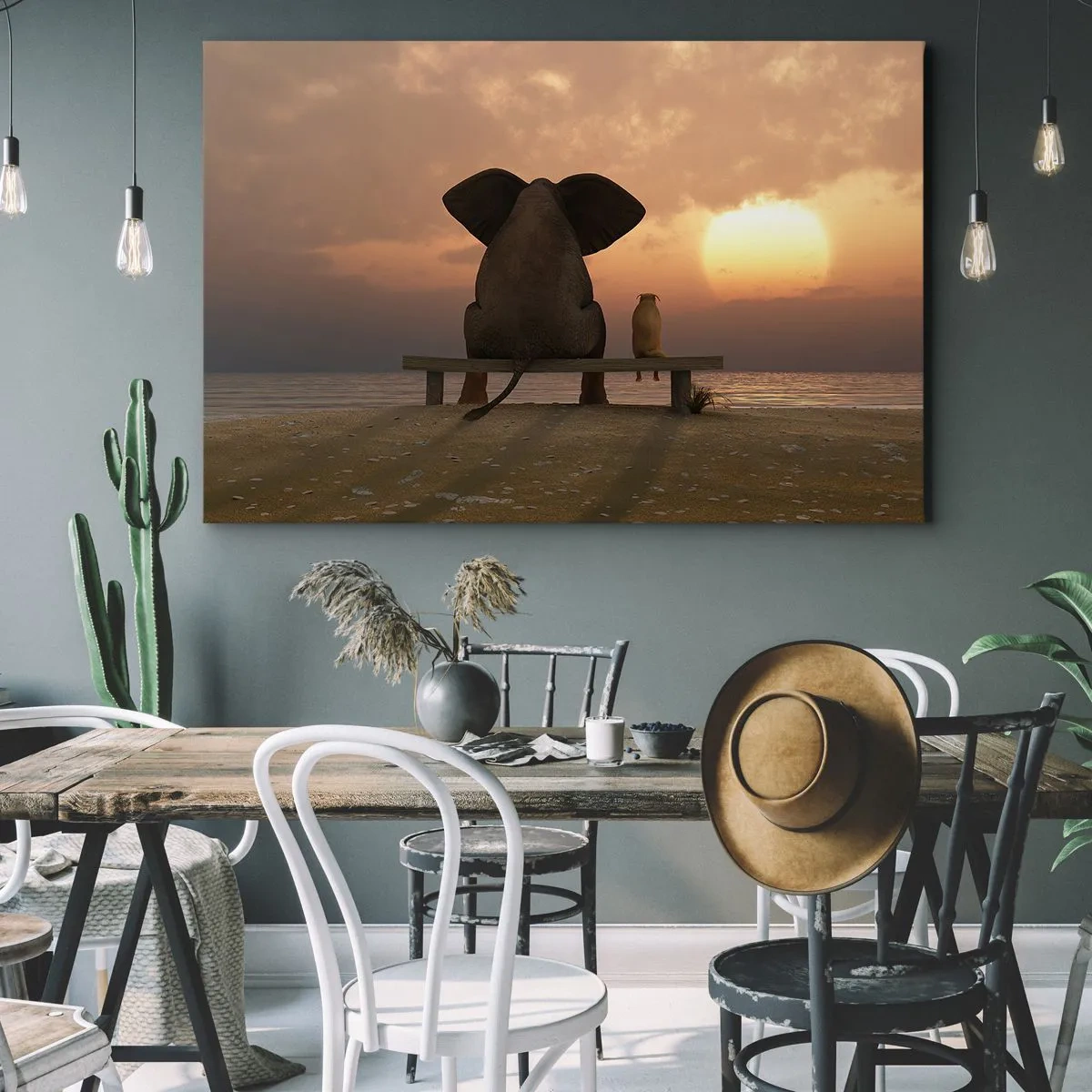 Impression sur toile - Image sur toile - Un éléphant et un chien sont assis sur un banc sur la plage au coucher du soleil. - 70x50cm - C'est bon de garder le silence ensemble - Décoration murale moderne pour le salon et la chambre ARTTOR