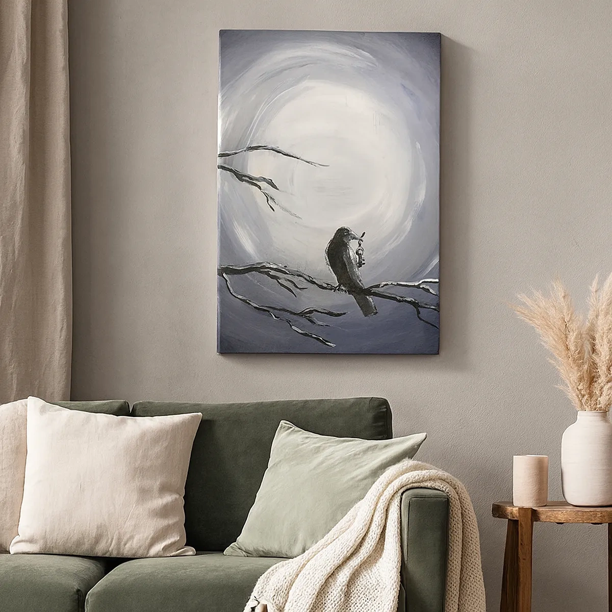 Impression sur toile - Image sur toile - Oiseau noir sur une branche au clair de lune - 50x70cm - La clé du mystère de la nuit - Décoration murale moderne pour le salon et la chambre ARTTOR