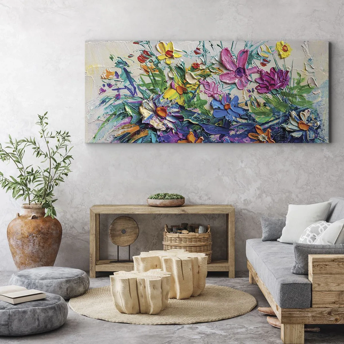 Impression sur toile - Image sur toile - Un bouquet de fleurs coloré peint selon la technique de l'empâtement - 120x50cm - Absolument pas une nature morte - Décoration murale moderne pour le salon et la chambre ARTTOR