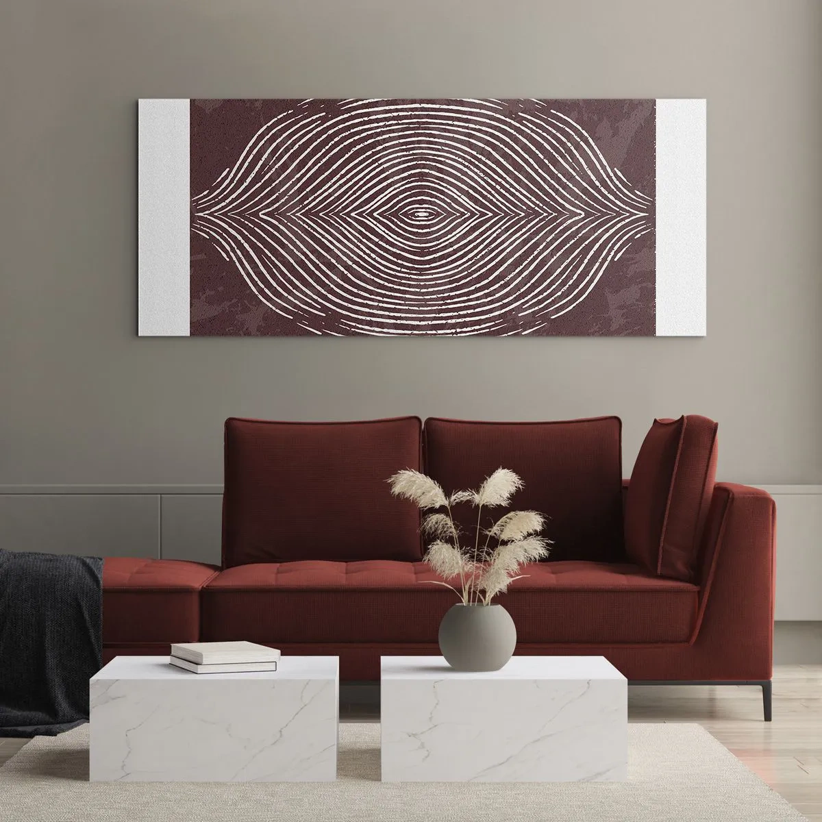 Impression sur verre - Image sur verre - Ondes symétriques en lignes blanches sur fond marron - 160x50cm - L'espace parle - Décoration murale moderne pour le salon et la chambre ARTTOR