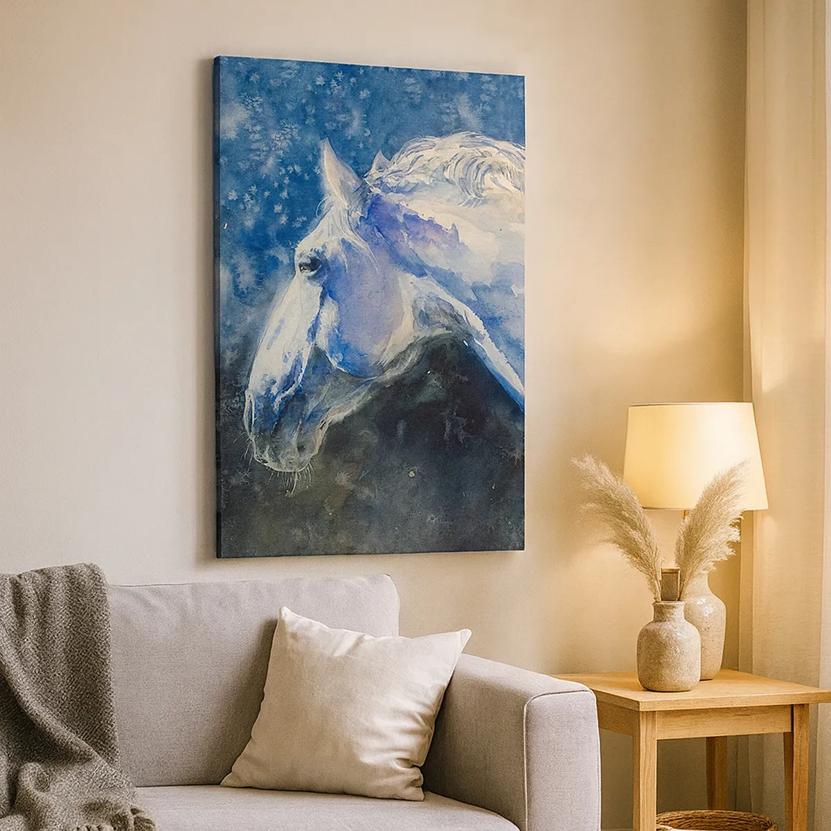 Impression sur toile - Image sur toile - Portrait d'un cheval dans des tons de bleu avec un effet aquarelle pictural. - 50x70cm - Portrait dans une lueur azur - Décoration murale moderne pour le salon et la chambre ARTTOR