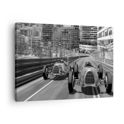 Impression sur toile - Image sur toile - Scène de course automobile rétro monochrome - 70x50cm - Il y a longtemps à Monté Carlo - Décoration murale moderne pour le salon et la chambre ARTTOR