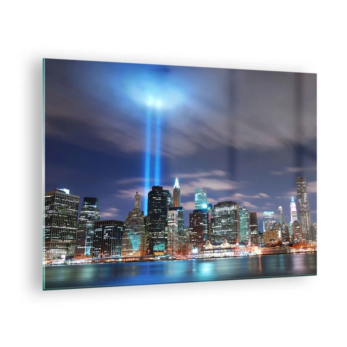 Impression sur verre - Image sur verre - Panorama nocturne de la ville avec des projecteurs - 70x50cm - Atteindre le ciel avec la lumière - Décoration murale moderne pour le salon et la chambre ARTTOR