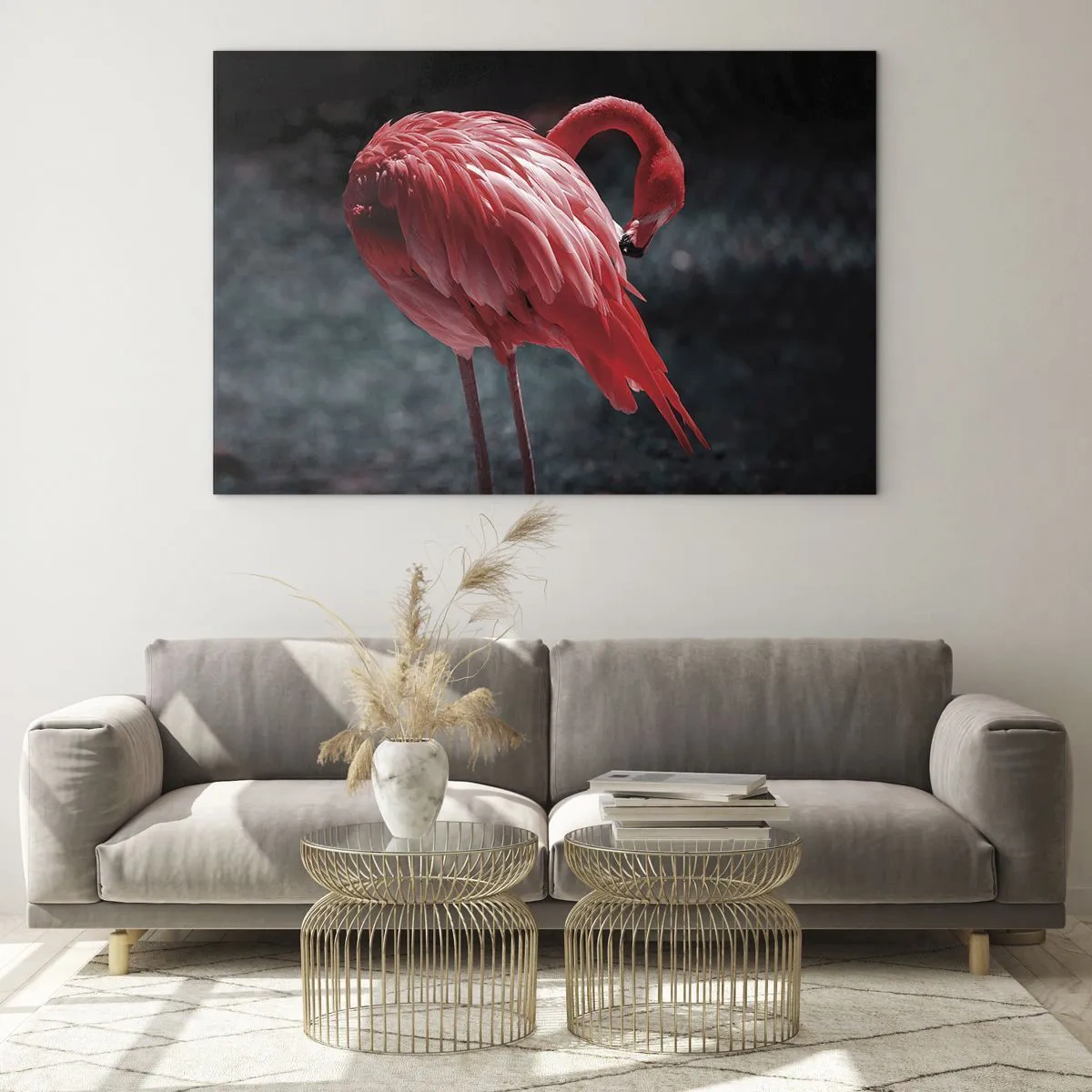 Impression sur verre - Image sur verre - Un flamant rose aux nuances intenses de rouge sur fond sombre - 70x50cm - Poème cramoisi de la nature - Décoration murale moderne pour le salon et la chambre ARTTOR